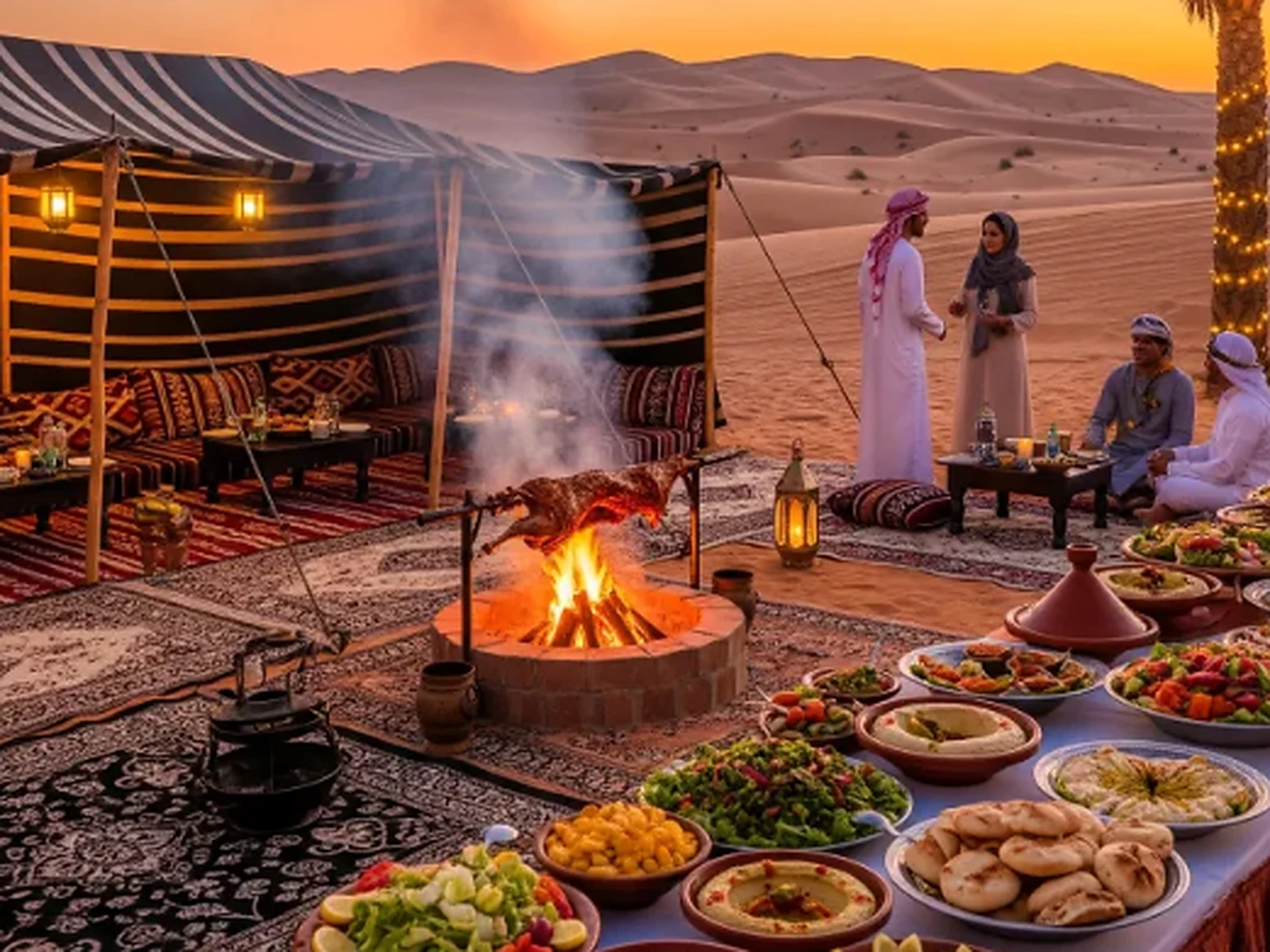 A desert camp dinner spread with grilled meat over the fire, lanterns and sand dunes behind