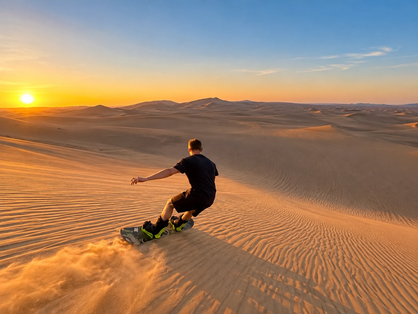 A guest sand boarding down a dune at sunset