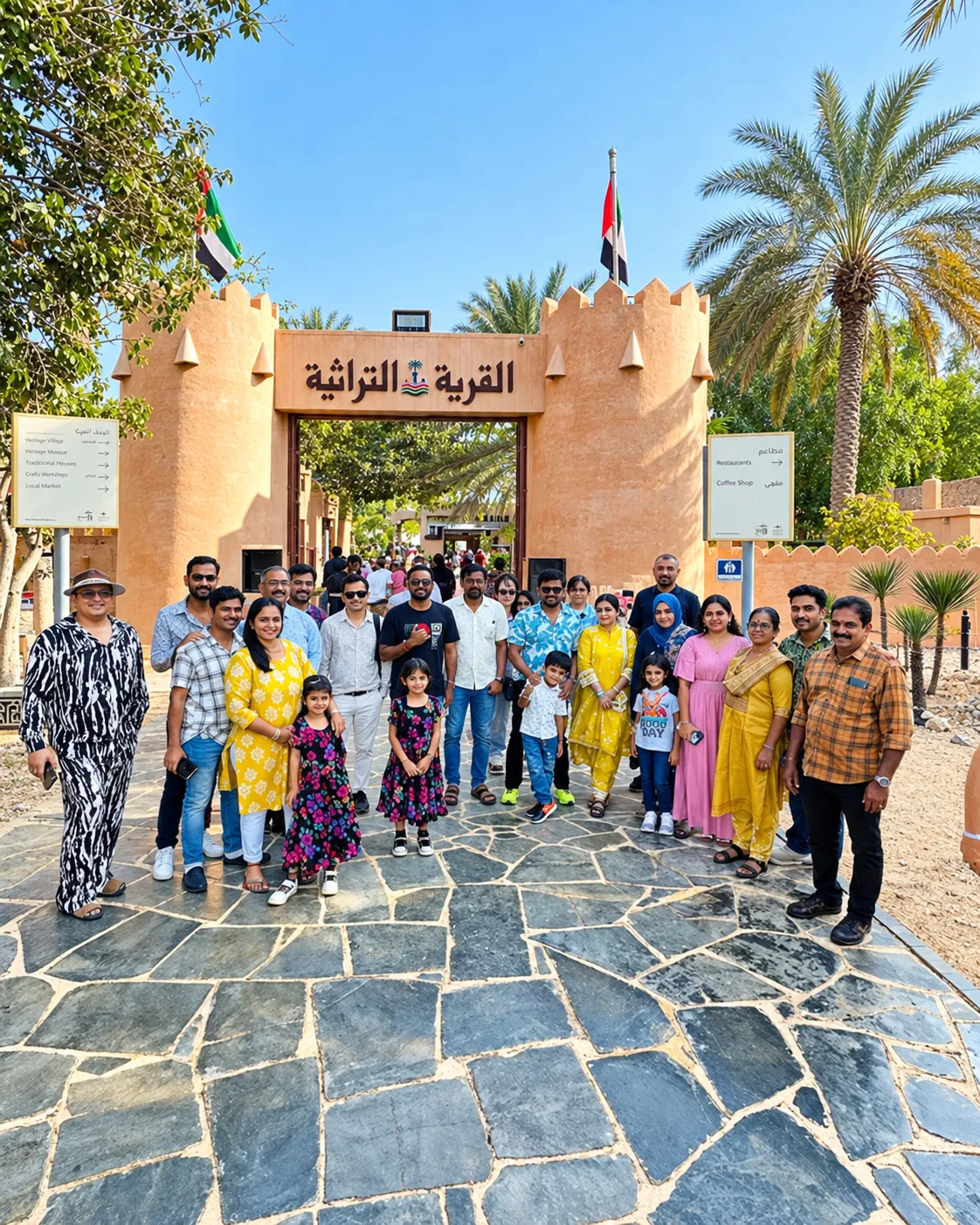 Group of guests posing in front of the Heritage Village gate in Abu Dhabi